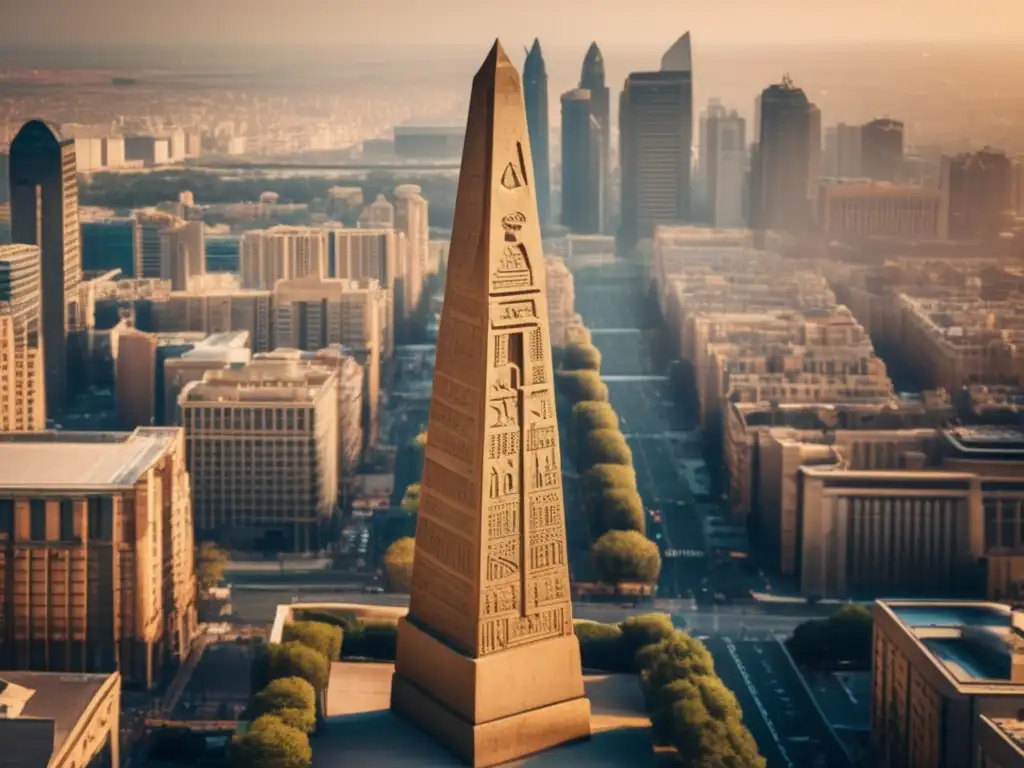 Un obelisco de piedra tallado detalladamente se alza en una ciudad moderna