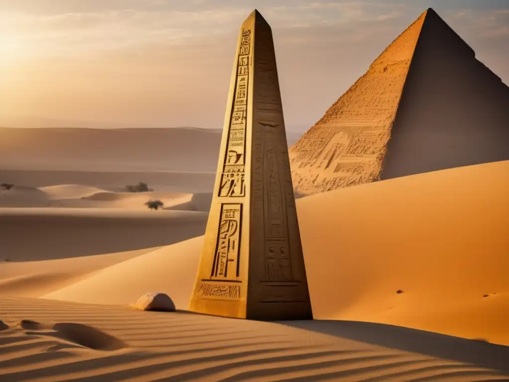 Un obelisco meticulosamente tallado se alza imponente en el desierto antiguo de Egipto