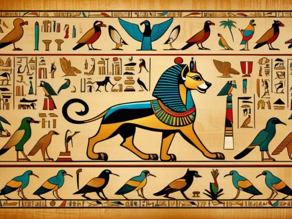 Obra maestra egipcia: criaturas jeroglíficas en un papiro antiguo despliegan su significado en detalles vibrantes de color