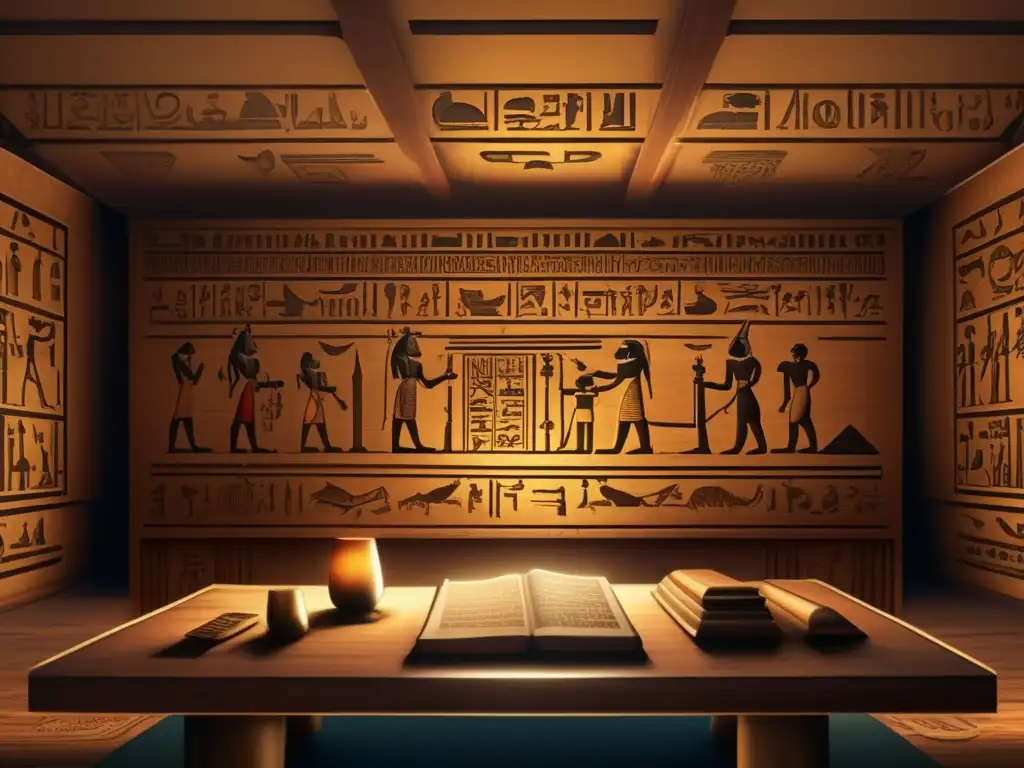 Un oficial egipcio de inteligencia militar desentraña los jeroglíficos en una habitación iluminada por la cálida luz del sol