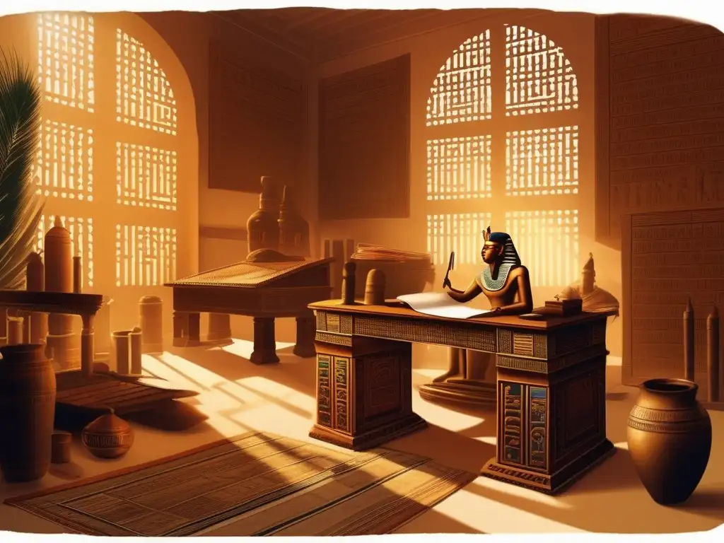 Una oficina egipcia en el periodo del Nuevo Reino, llena de luz y sabiduría antigua