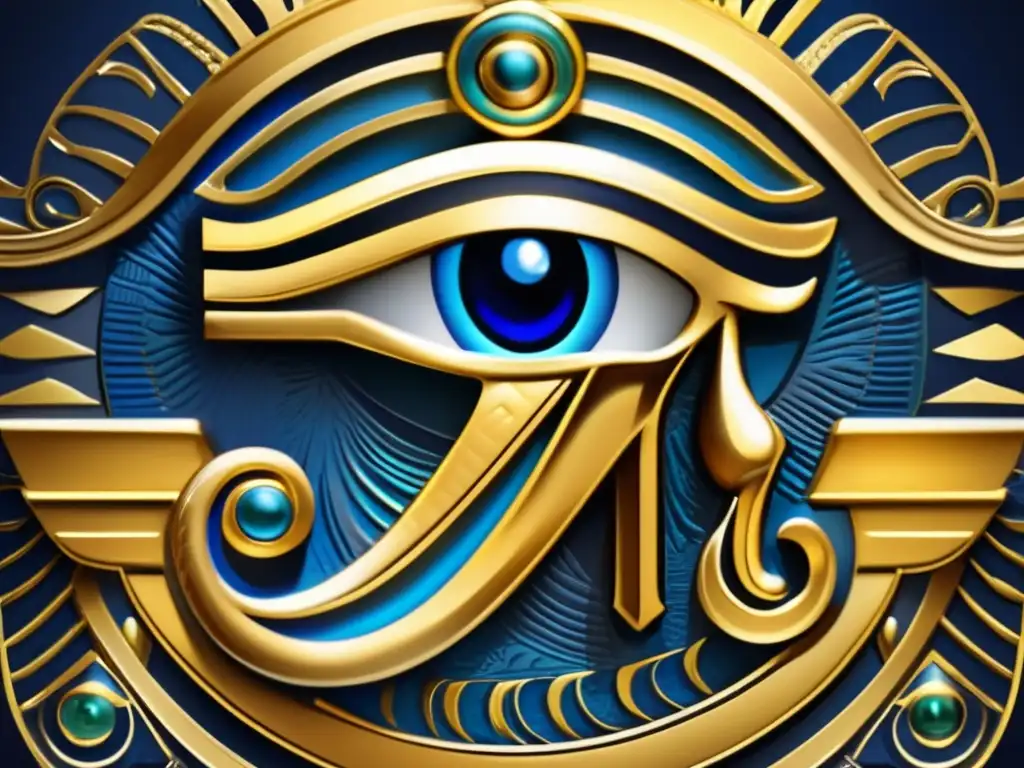 El Ojo de Horus en el Antiguo Egipto: Un amuleto dorado exquisitamente elaborado con detalles intrincados y un diseño en forma de almendra