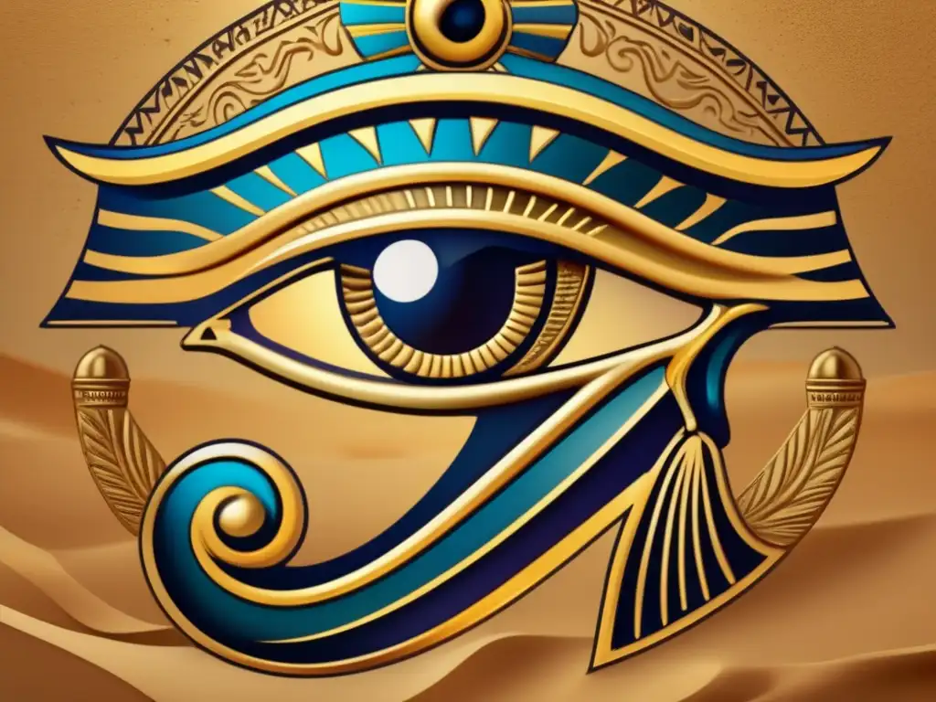 El Ojo de Horus en el Antiguo Egipto: Una imagen ultradetallada de 8k muestra el símbolo místico rodeado de cálidos tonos arenosos