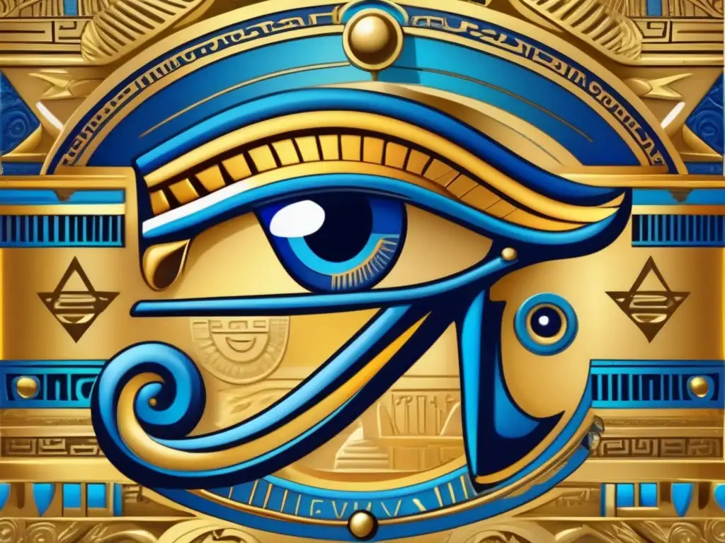 El Ojo de Horus, detallado y místico, irradia sabiduría antigua en vibrantes tonos de azul y oro