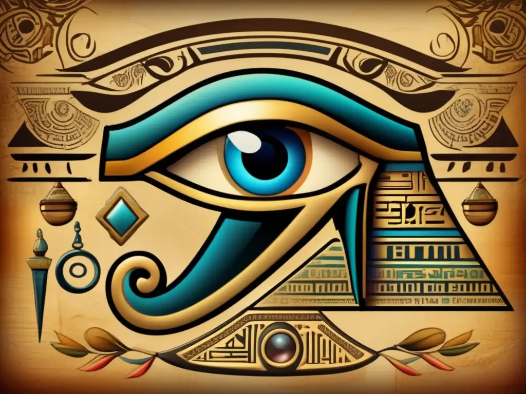El Ojo de Horus, con su significado oculto, rodeado de jeroglíficos y símbolos egipcios antiguos