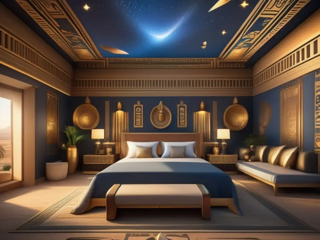 Explora la opulenta arquitectura y diseño de interiores en el hogar faraónico, con intrincados grabados, un trono majestuoso y detalles lujosos