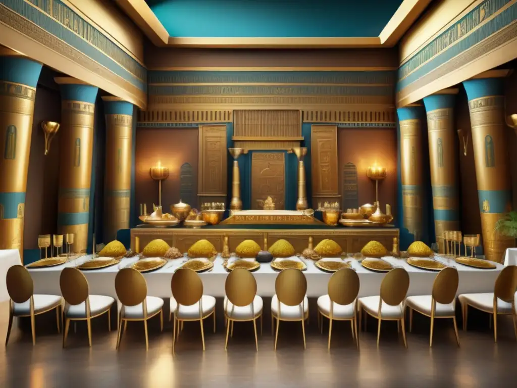 Una opulenta escena de banquete en el antiguo Egipto, con nobles disfrutando de una suntuosa mesa llena de alimentos de la realeza