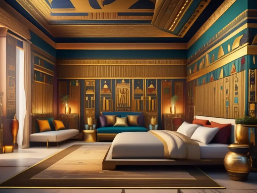 Un opulento dormitorio faraónico con decoración intrincada y detallada en 8k