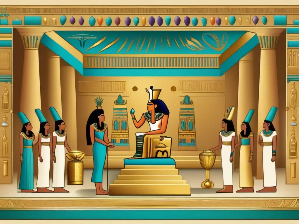 Un opulento intercambio de obsequios en Egipto, en una sala ceremonial adornada con hieroglíficos, murales vibrantes y detalles dorados