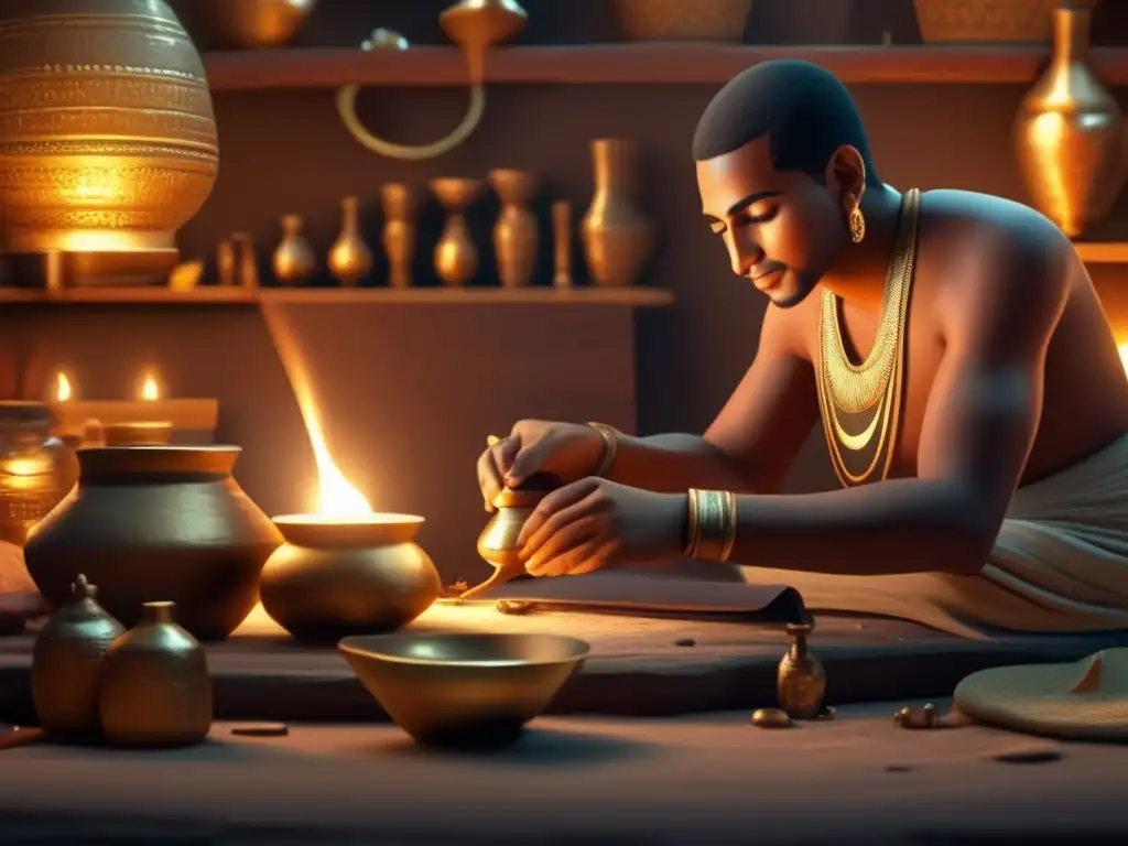 Orfebrería en la Era de los Faraones: Un orfebre egipcio antiguo crea meticulosamente una magnífica joya en un taller iluminado por lámparas de aceite