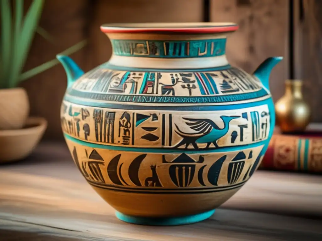Origen de la cerámica egipcia: Una vasija vintage de cerámica de Egipto antiguo, con grabados de jeroglíficos y colores vibrantes