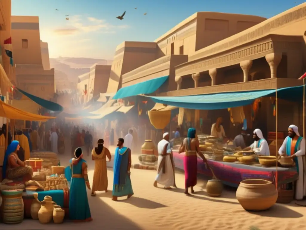 Orígenes y esplendor de Naqada: Un vibrante mercado en el antiguo Egipto, con colores, textiles y artefactos cautivadores