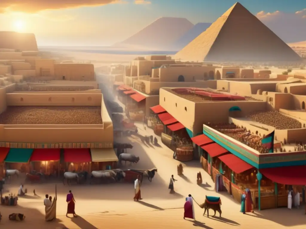 Descubre los orígenes y esplendor de Naqada en esta ilustración vintage, que muestra la animada ciudad antigua de Egipto con sus maravillas arquitectónicas y vibrante atmósfera