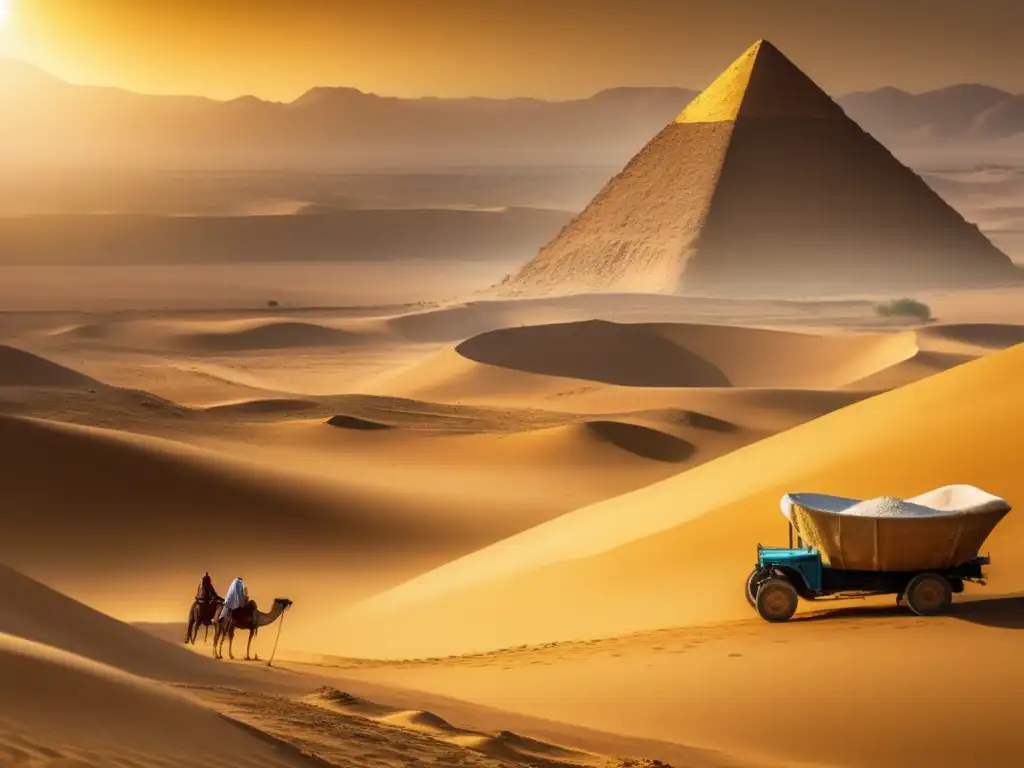 Extracción de oro en el Antiguo Egipto: Paisaje desértico, trabajadores egipcios laboriosos, herramientas primitivas, río dorado