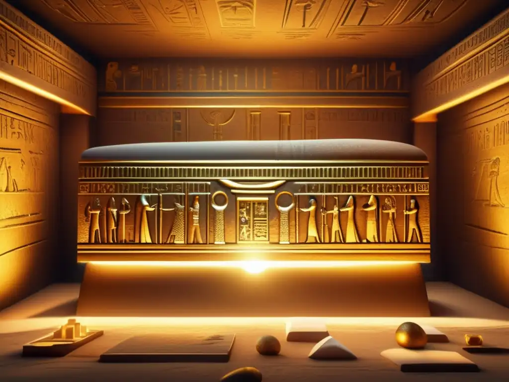 Extracción de oro en el Antiguo Egipto: Una tumba faraónica adornada con intrincados grabados dorados y jeroglíficos, iluminada por rayos de sol