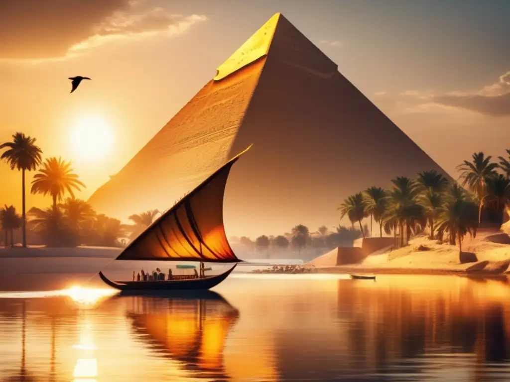 Un paisaje antiguo del Nilo en Egipto, con pirámides icónicas y una felucca navegando, evocando los misterios del Nilo en videojuegos