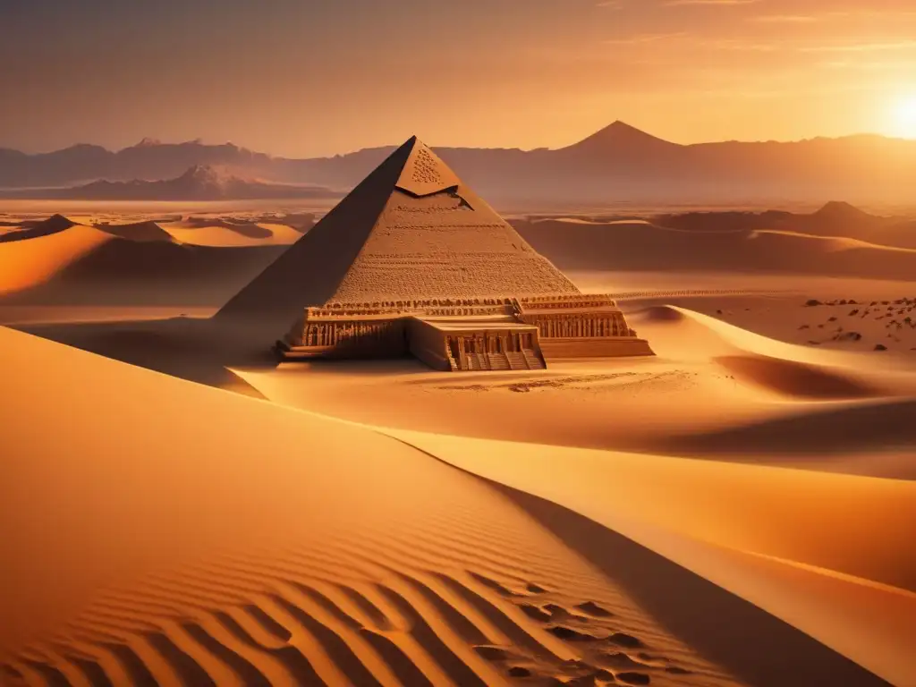 Un paisaje desértico con una estructura antigua y estatuas de dioses egipcios, evocando el rol del Antiguo Egipto en la ciencia ficción