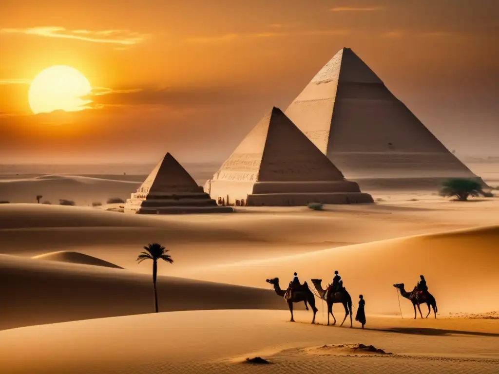 Un paisaje desértico en Egipto con las icónicas pirámides y antiguos silos de piedra adornados con jeroglíficos
