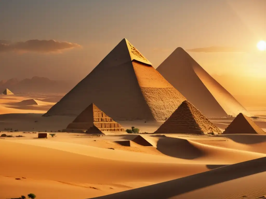 Un paisaje desértico con las pirámides de Giza, adoración solar en Antiguo Egipto