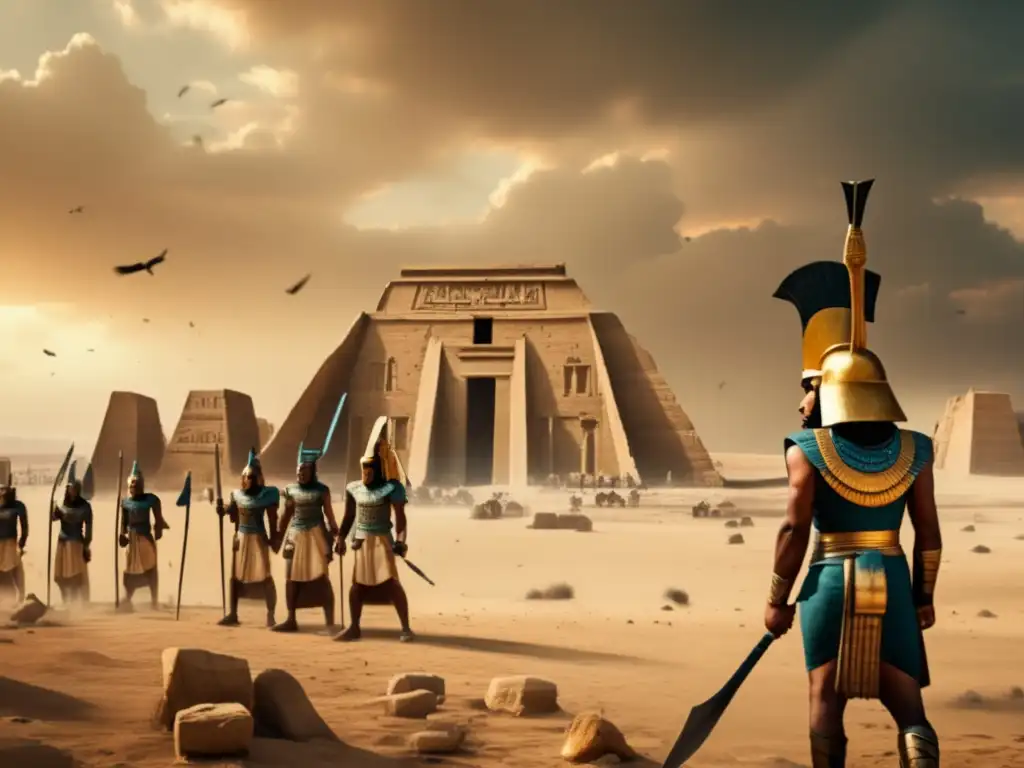 Un paisaje desolado con ruinas antiguas y soldados cansados simboliza los conflictos en el Segundo Periodo Intermedio Egipcio