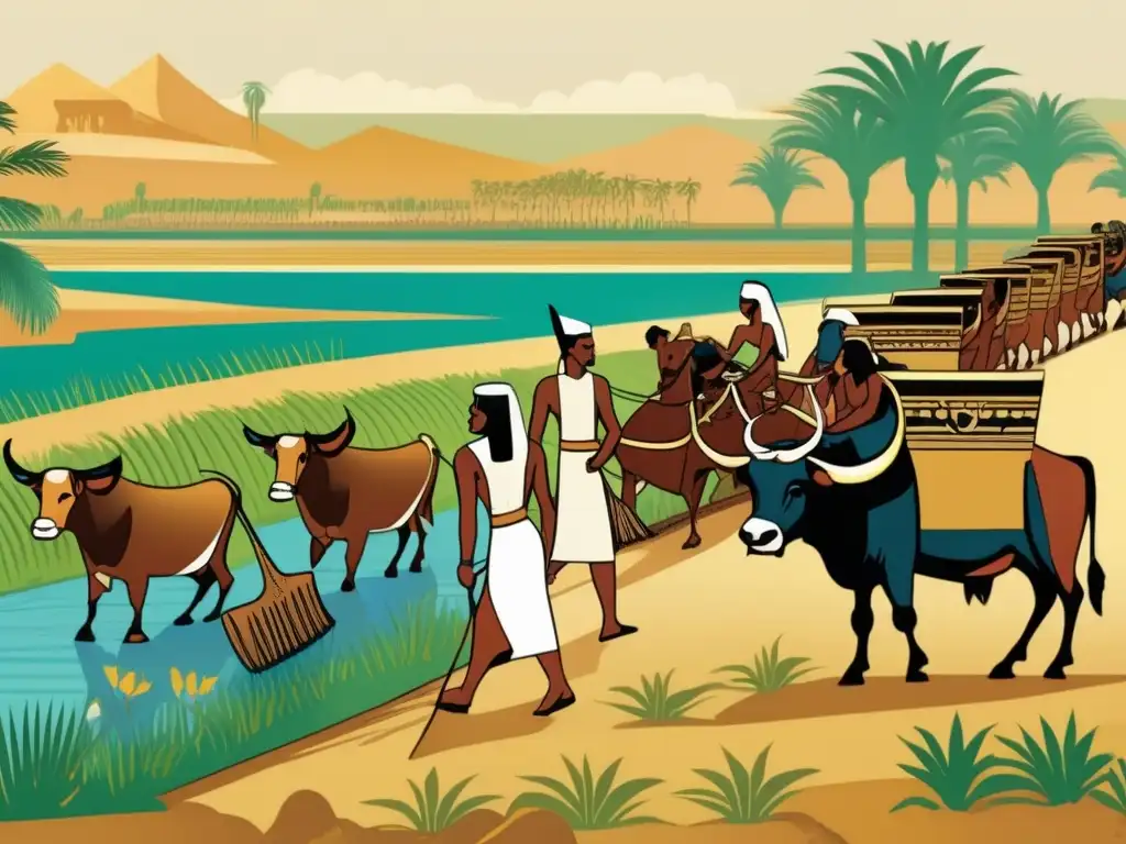 Un paisaje egipcio antiguo cobra vida en esta ilustración vintage, donde la agricultura y la doma de animales se entrelazan en armonía
