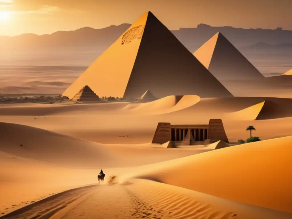 Un paisaje enigmático del Segundo Periodo Intermedio en Egipto, con un templo en ruinas y el Nilo reflejando el atardecer