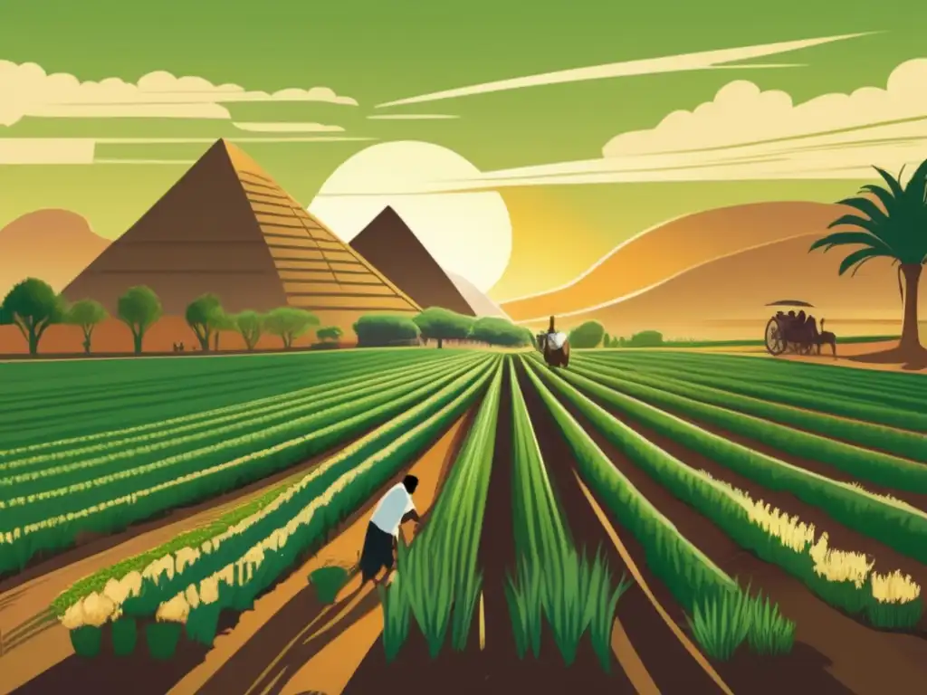 Un paisaje exuberante de Egipto con campos interminables de cebollas verdes bajo la cálida luz dorada del atardecer