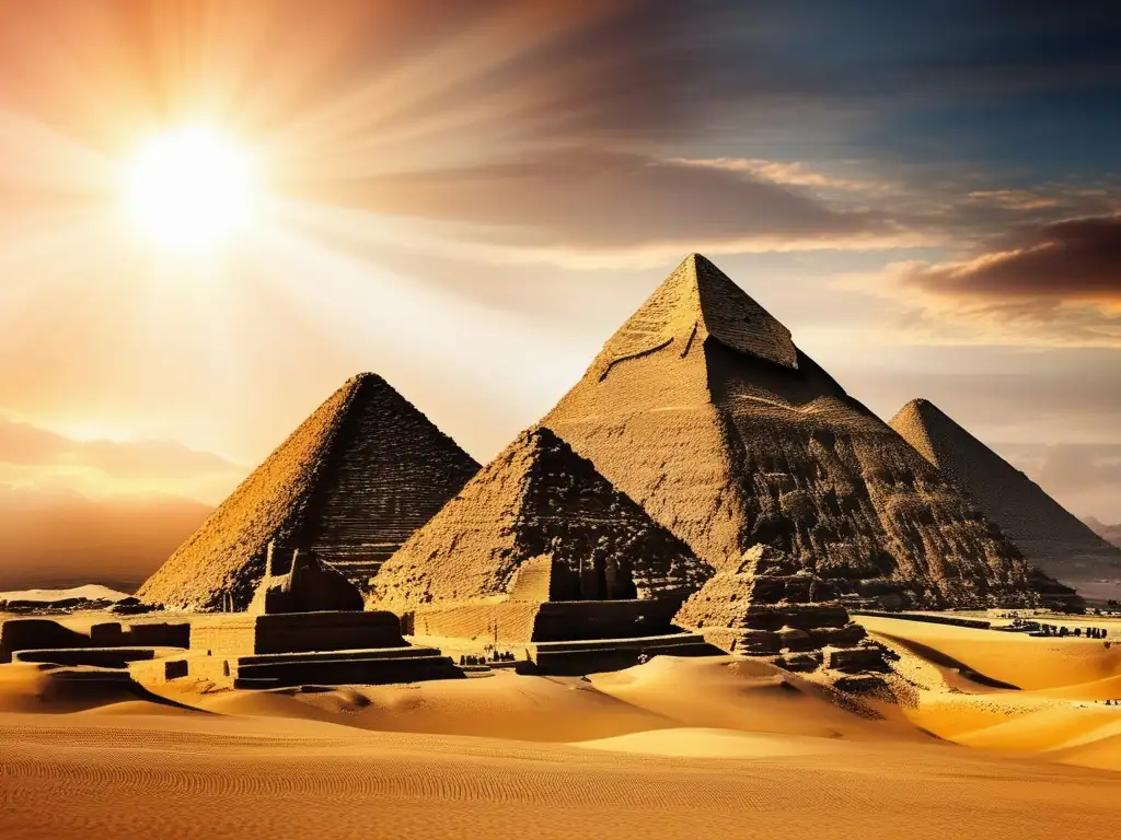 Un paisaje magnífico del Imperio Antiguo de Egipto con el legado eterno de las pirámides, el Nilo y la Gran Esfinge
