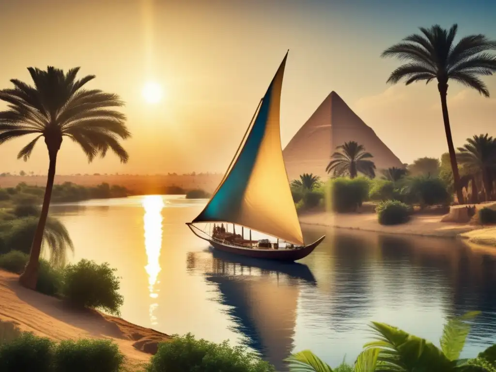 Un paisaje majestuoso del Río Nilo en Egipto, con exuberante vegetación en las orillas y aguas azules que reflejan los rayos dorados del sol