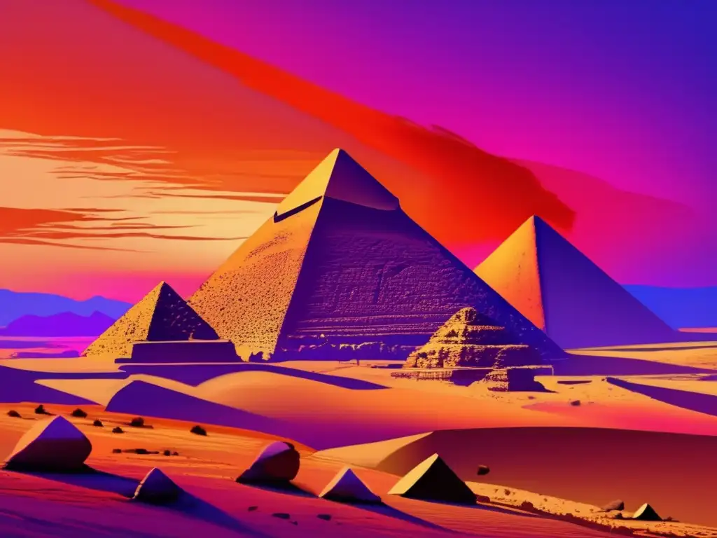 Un paisaje religioso egipcio cristianismo: las icónicas Pirámides de Giza se alzan majestuosas contra un atardecer ardiente