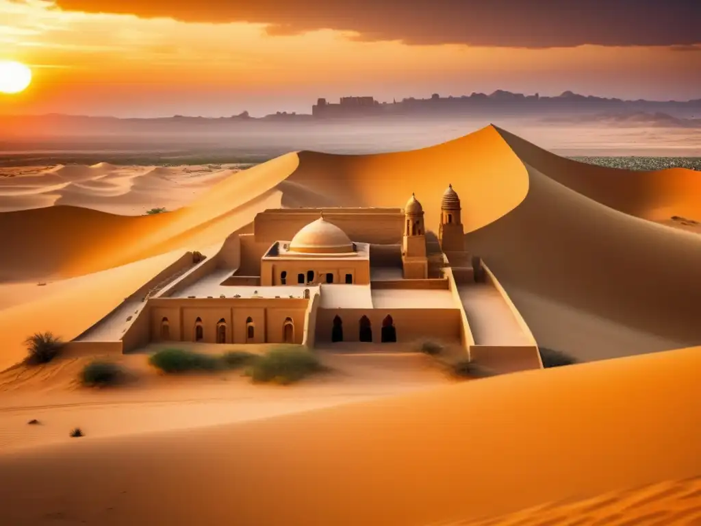 Un paisaje sereno del desierto dorado, donde destaca un monasterio copto con detalles arquitectónicos y murales vibrantes