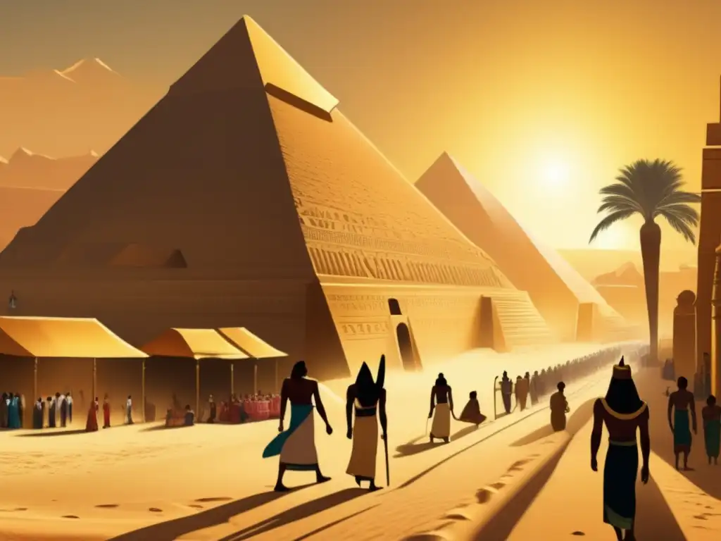 Egipto antiguo: calles bulliciosas, templos majestuosos y pirámides doradas Un paisaje vintage que muestra las bulliciosas calles del antiguo Egipto, con majestuosos templos y pirámides