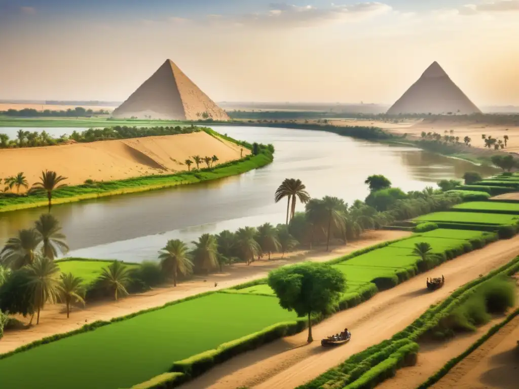 Un paisaje vintage muestra la exuberante vegetación de las orillas del Nilo, con las icónicas pirámides de Giza al fondo