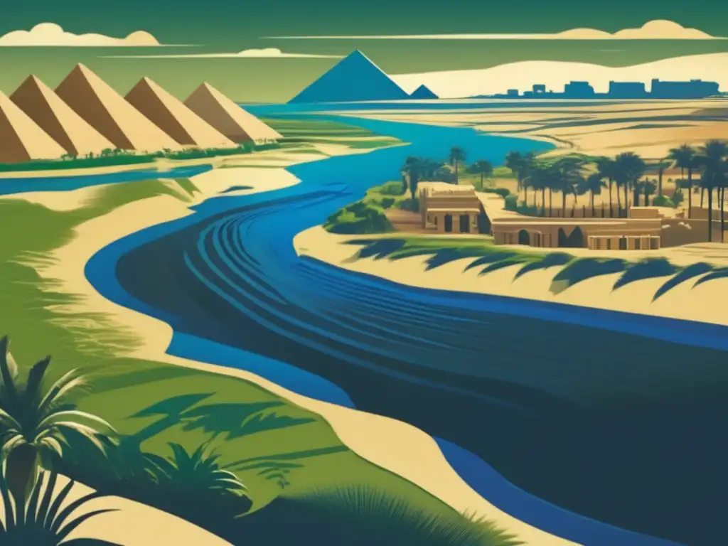 Un paisaje vintage que muestra la importancia del Nilo en Egipto, con el río serpenteando entre paisajes antiguos y exuberantes