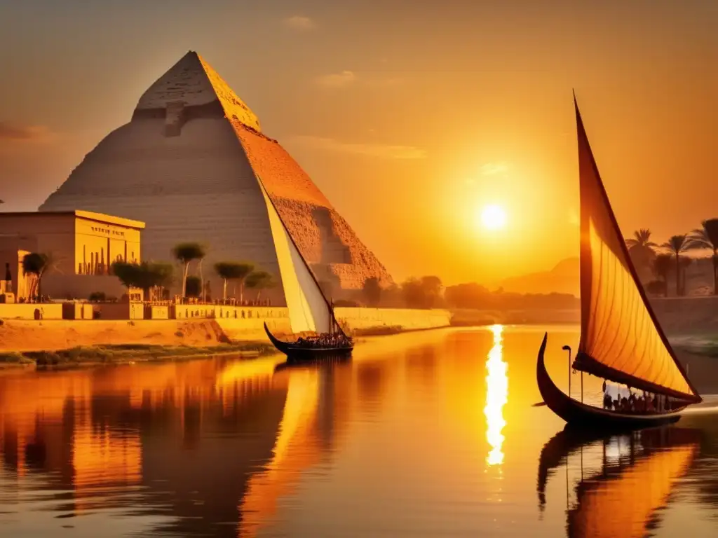 Paisaje vintage del majestuoso río Nilo fluyendo por la antigua ciudad de Tebas, con el sol poniéndose detrás de los imponentes templos y palacios
