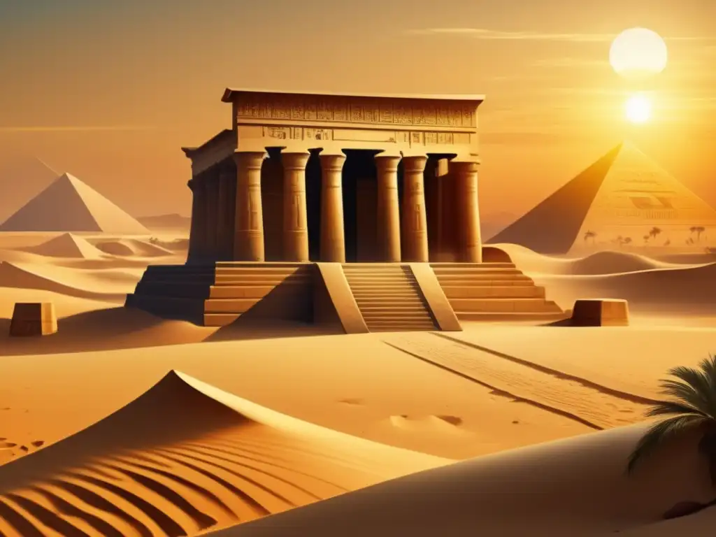 Un paisaje vintage muestra las ruinas de un templo del Imperio Medio de Egipto en medio del desierto