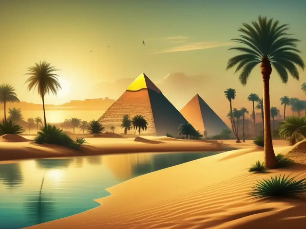 Paisajismo en Egipto: Un impresionante paisaje sereno muestra las dunas doradas del desierto y una oasis rodeada de exuberante vegetación