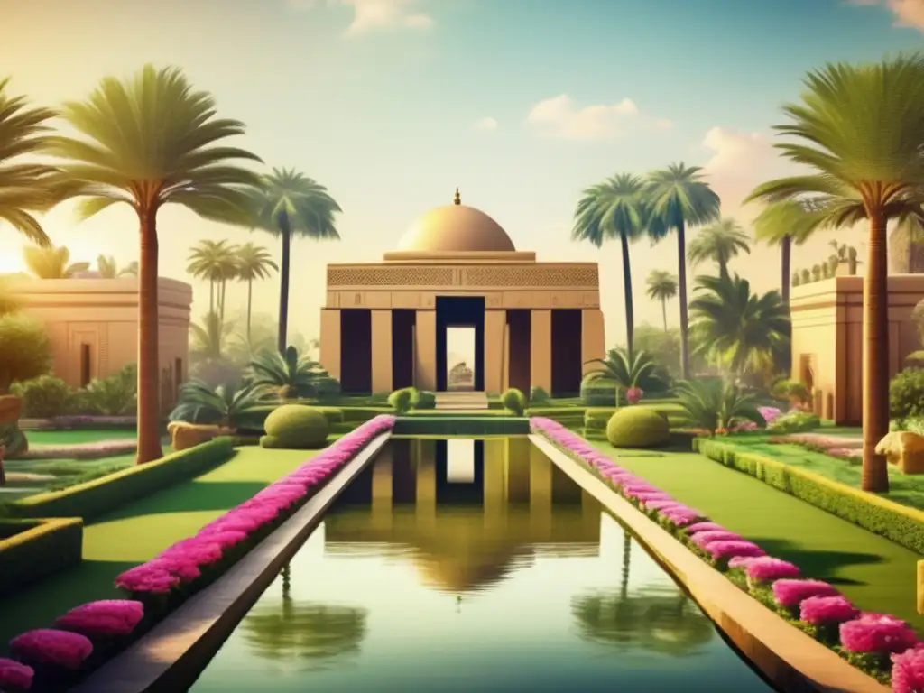 Paisajismo en Egipto: Un jardín sereno con templos antiguos, flores vibrantes, estanque tranquilo y estatuas de piedra tallada