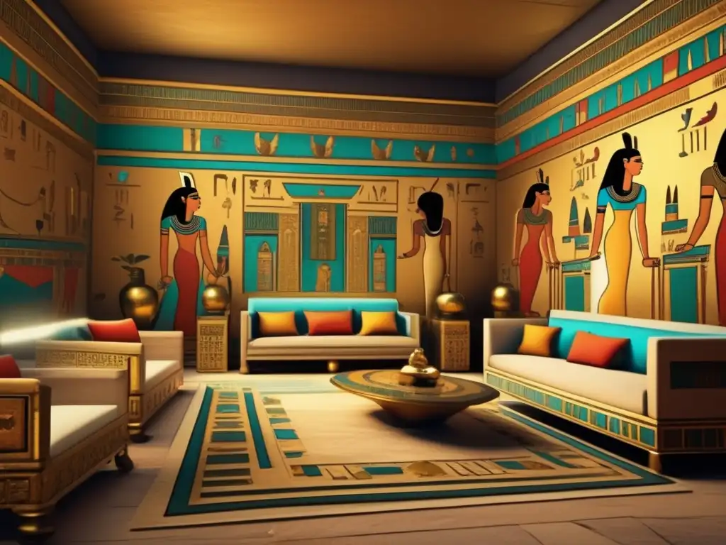 Un palacio antiguo en Egipto, con murales, muebles lujosos y una decoración opulenta