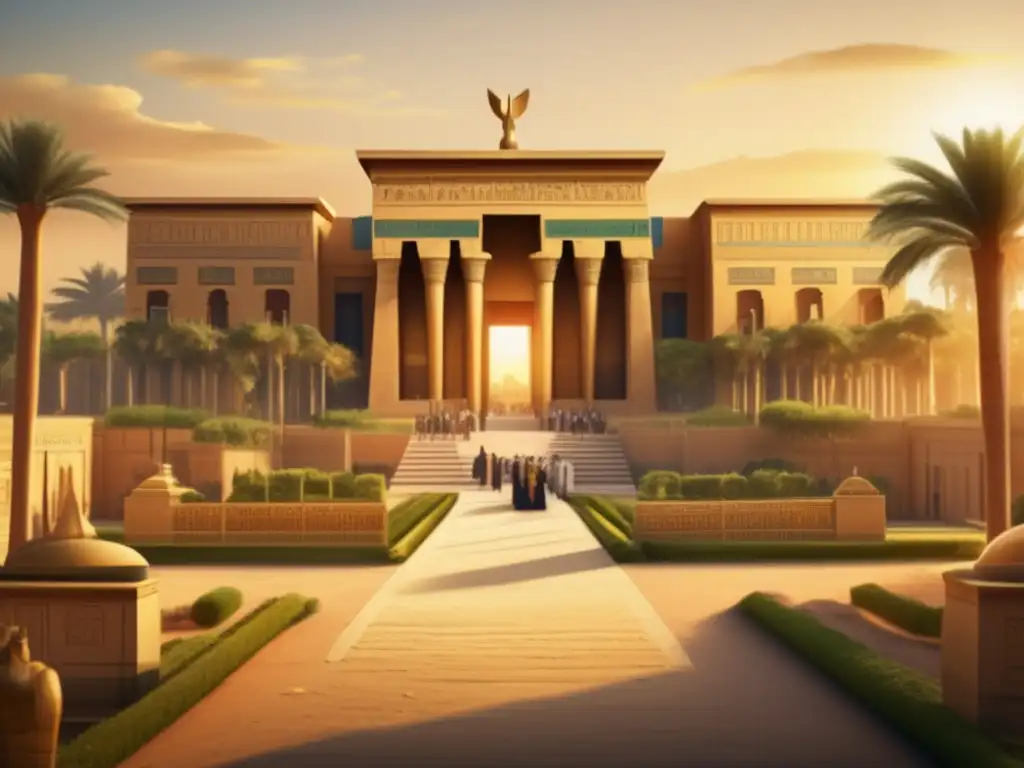 Palacio egipcio majestuoso: historia, diplomacia y cultura Un palacio egipcio majestuoso en el antiguo Egipto, rodeado de exuberantes jardines y adornado con intrincadas decoraciones y jeroglíficos