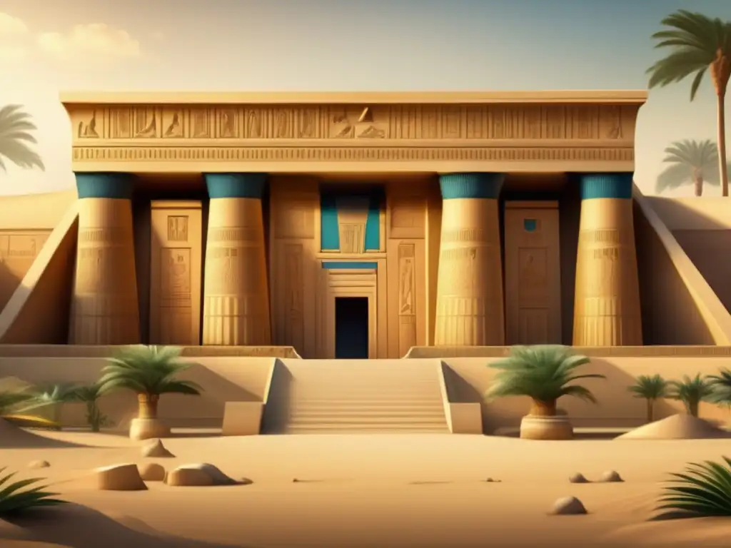 Palacio de Amarna: La majestuosidad de la diplomacia egipcia Palacio egipcio de Amarna, deslumbrante y majestuoso, rodeado de jardines exuberantes y palmeras