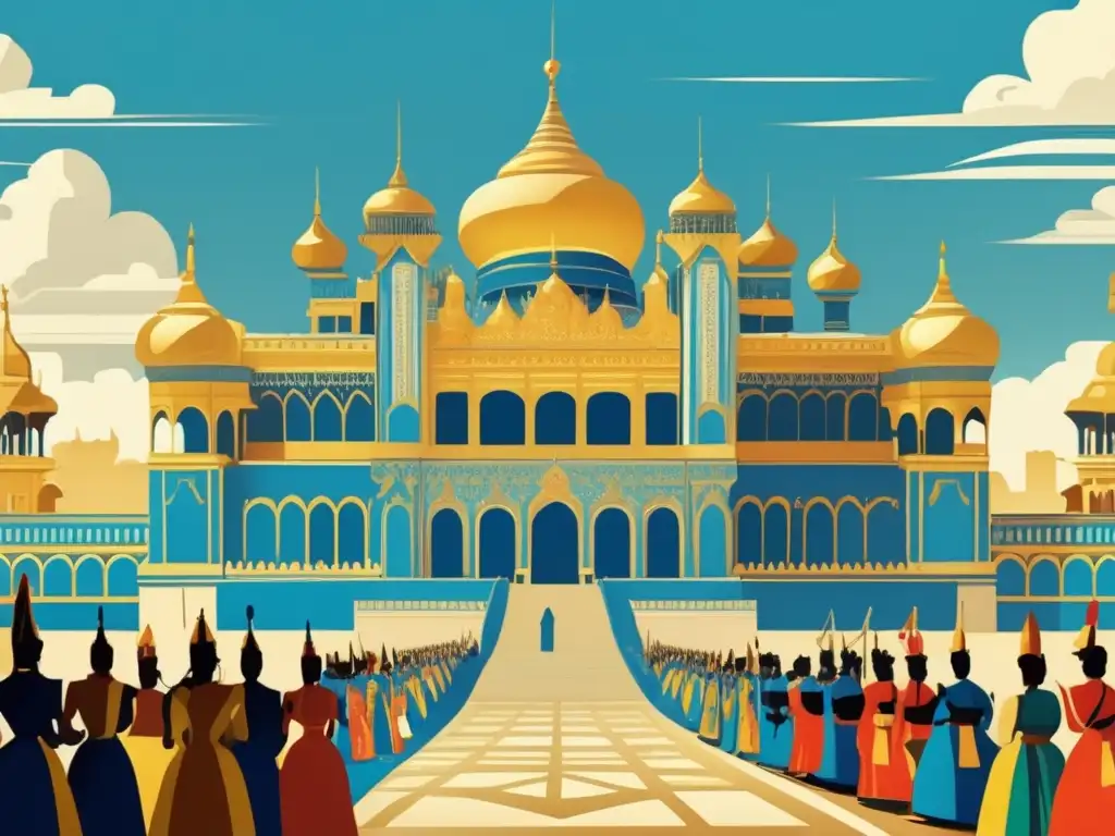 Una ilustración vintage muestra un palacio majestuoso, con detalles arquitectónicos intrincados, en medio de colinas y un cielo azul vibrante