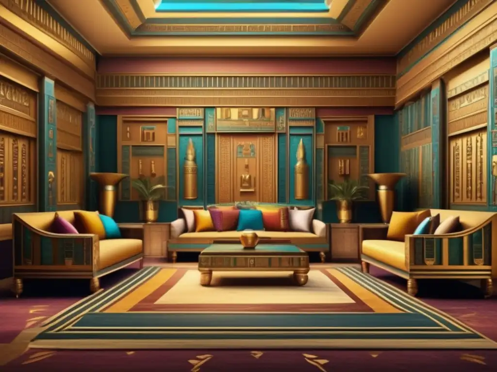 Un palacio opulento del Antiguo Egipto, con detalles intrincados, colores vibrantes y muebles lujosos