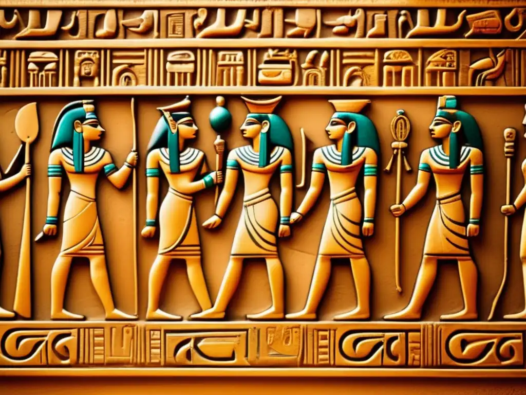 Panel egipcio tallado con detalle en un antiguo templo