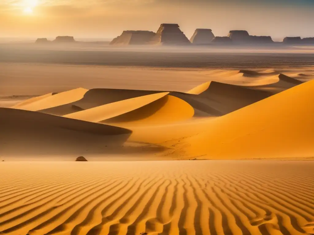 Panorama del desierto fronterizo Egipto-Libia, con dunas doradas y dos pilares antiguos