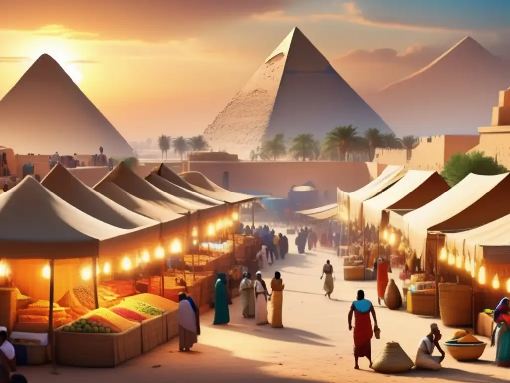 Un panorama detallado en 8k de un bullicioso mercado egipcio antiguo, rodeado de majestuosas pirámides y con el Nilo fluyendo en la distancia