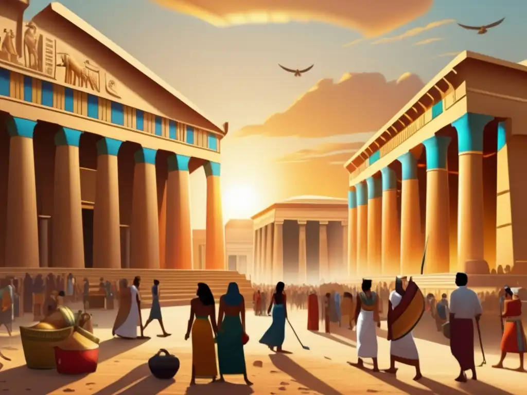 Transformación del panteón egipcio en el Periodo Tardío: Un vibrante y bullicioso mercado en el antiguo Egipto, con detalle y estilo vintage