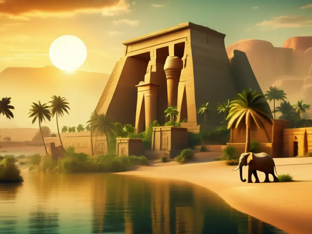 Papel de Elefantina en Egipto: Una imagen vintage que muestra la isla rodeada por el río Nilo, con un templo antiguo y un paisaje sereno