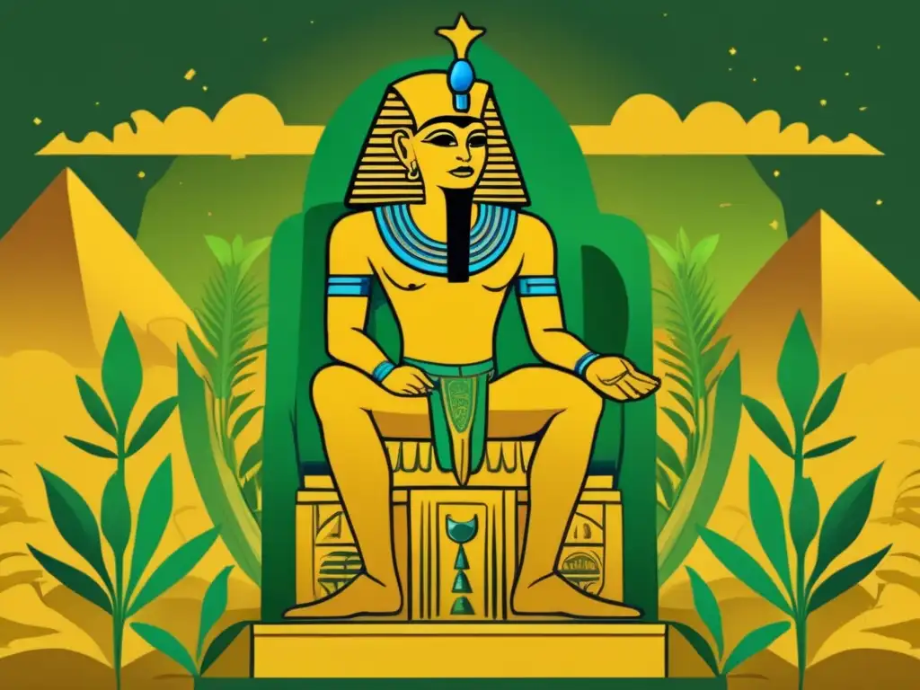 Papel de Geb en mitología egipcia: una ilustración vintage muestra al dios de la Tierra rodeado de un exuberante paisaje fértil, representando su poder vital y su conexión con la naturaleza