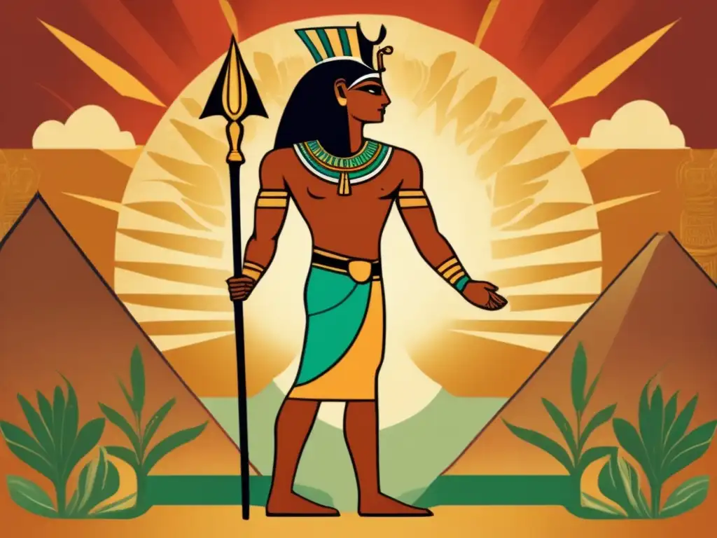 Papel de Geb en mitología egipcia: Ilustración vintage de Geb, dios de la Tierra, majestuoso y lleno de vida, abrazando la naturaleza exuberante